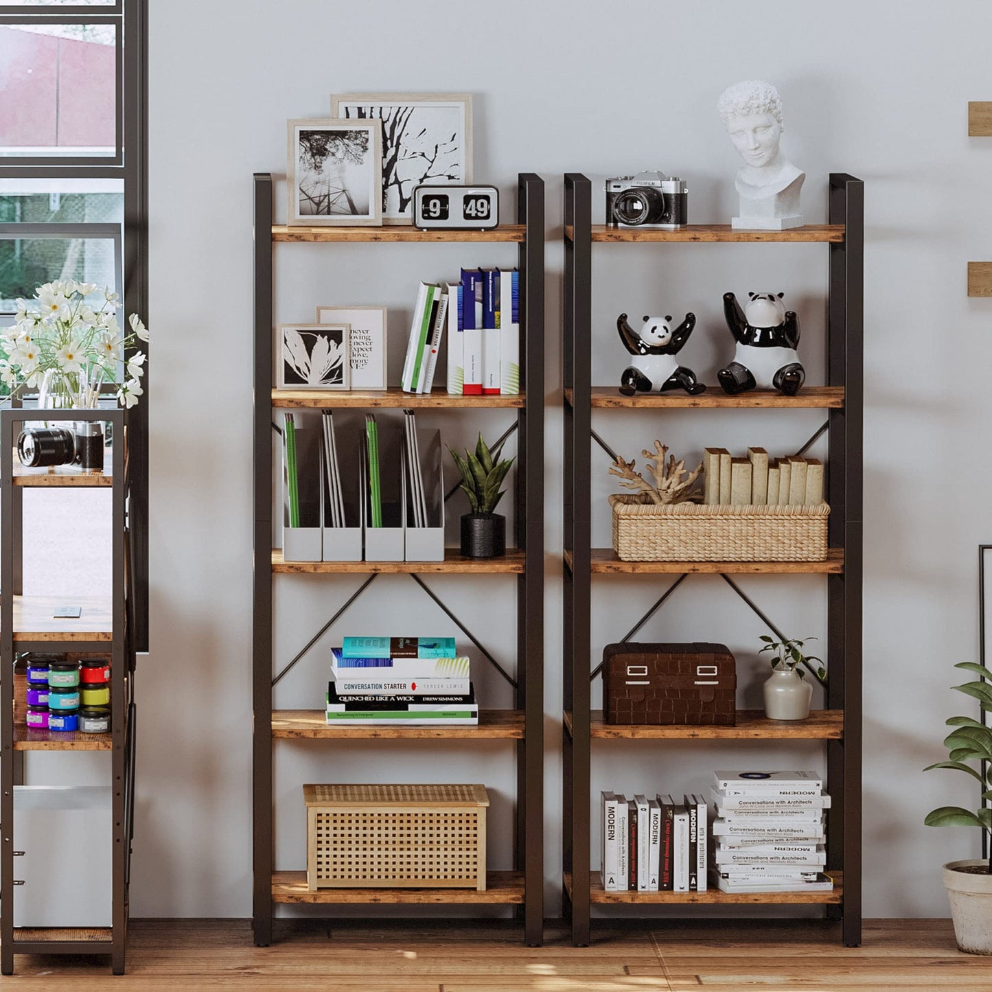 IRONCK Bookshelf, 5-Tier Book Shelf, 110 lbs/Shelf Vintage Industrial Style Bookshelves for Living Room and Home Office, Vintage Brown