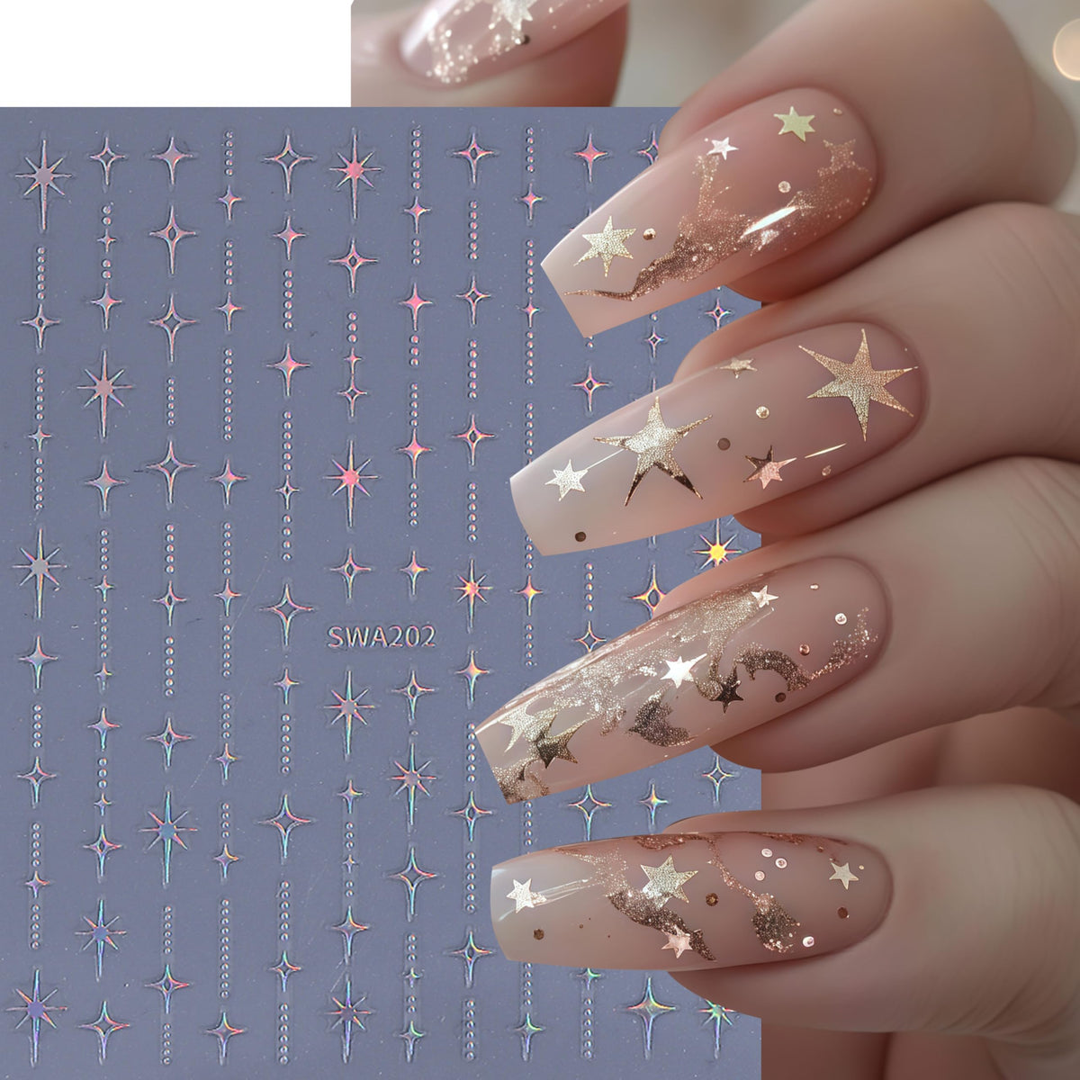5 Sheets Stars Nail Art Stickers 3D Self Adhesive Shiny Stars Line Nail Decals White Silver Gold Black Star Nail Stickers for Nail Art Star Nail Design Nail Supplies for Women DIY Manicure Decorations