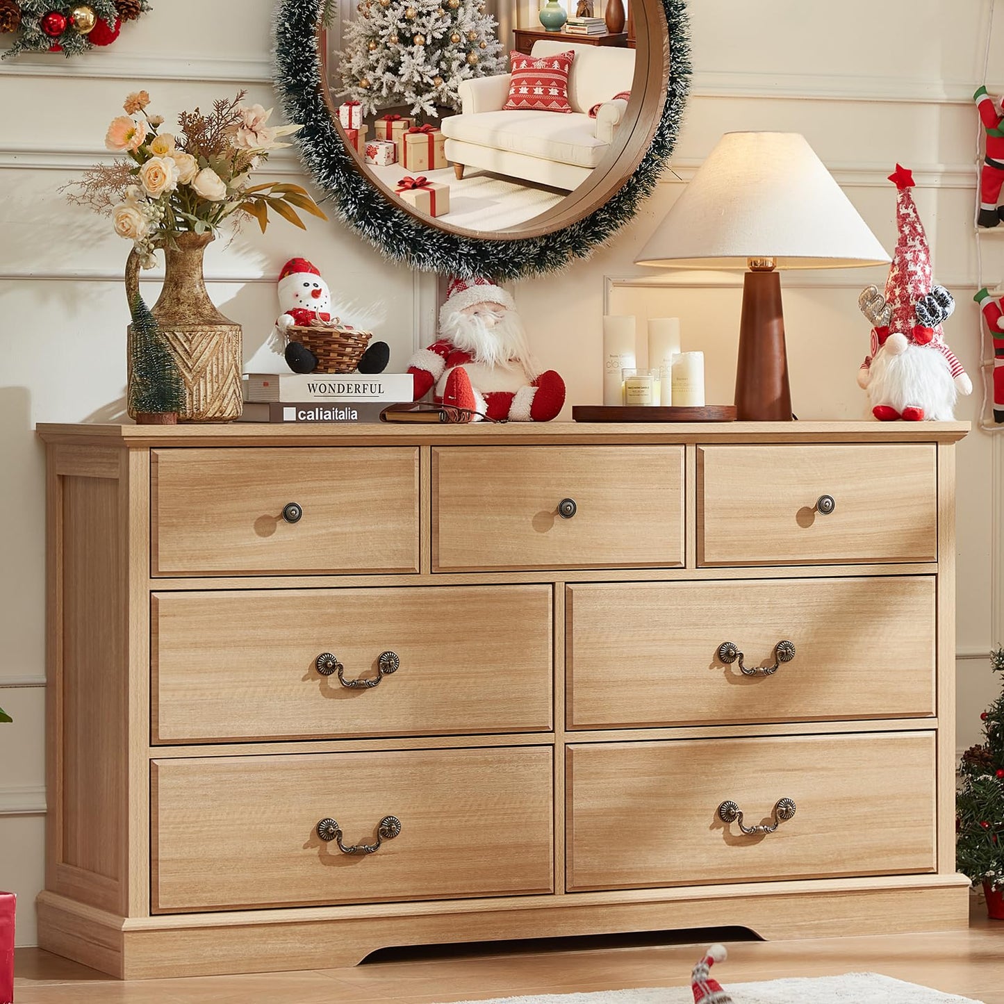 Senfarime Farmhouse 7 Drawer Dresser for Bedroom,57" Wide Wood Rustic Chest of Drawers,Farmhouse Chest of Drawers for Bedroom,Wood Drawer Organizer for Bedroom,Hallway,Natural