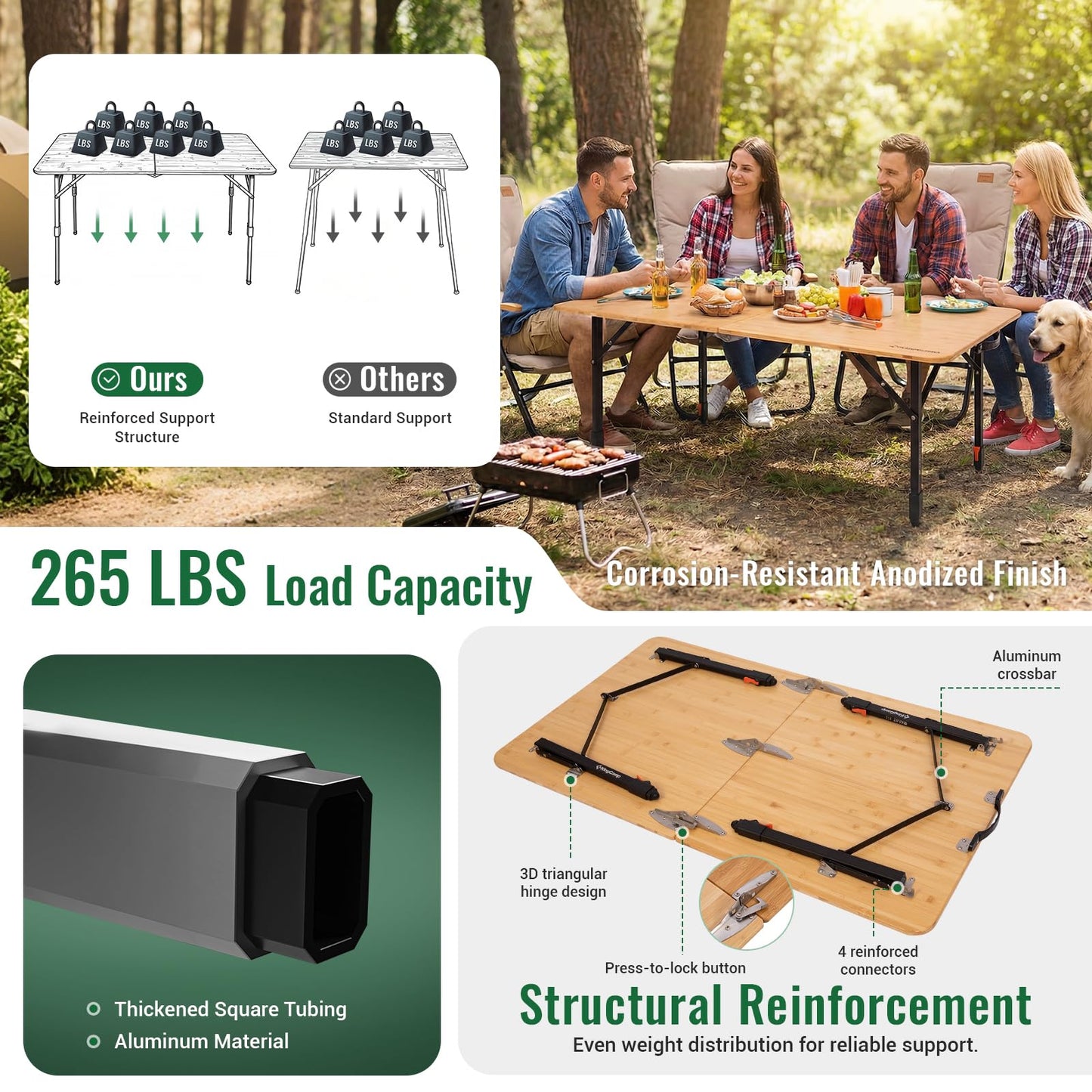 KingCamp Bamboo Folding Table, 47 Inch Large Portable Camping Table with Adjustable Height Legs for Uneven Ground, High-Strength Bamboo Surface Holds 265lbs, Multi-Scenario Table for Home & Outdoor