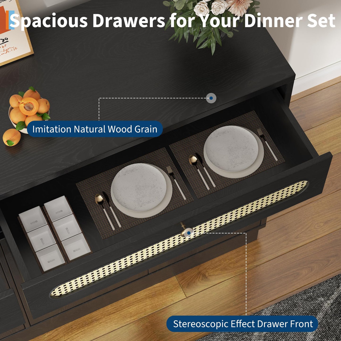 GarveeHome Buffet Sideboard, 60'' Sideboard Cabinet with 2 Drawers and 4 Rattan Doors, Rattan Sideboard with Adjustable Shelves, Black