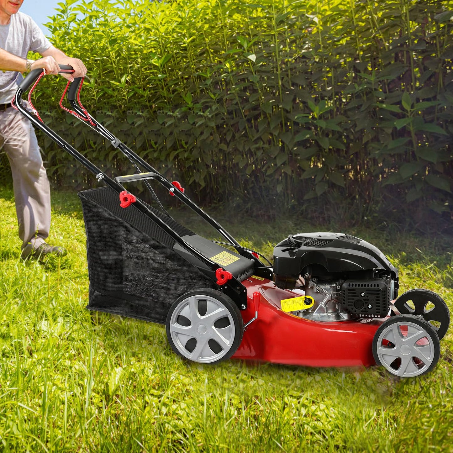 3 in 1 Self-Propelled Gas Lawn Mower with 141cc Engine,20 Inch Cutting Deck&50L Grass Bag-Push Walk-Behind Mower with Big Wheels,8-Level Height Adjustment,and Foldable Design for Effortless Lawn Care