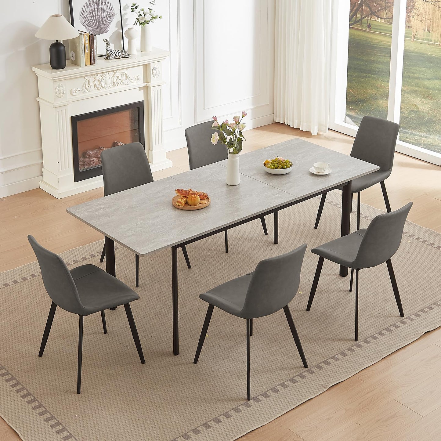 HIPIHOM 63"- 78.7" Extendable Dining Table Set for 6, Modern Kitchen Table with 6 Dining Chairs for 4-6 Person, Thickened Expandable Wooden Table with Metal Legs for Dining Room, Kitchen