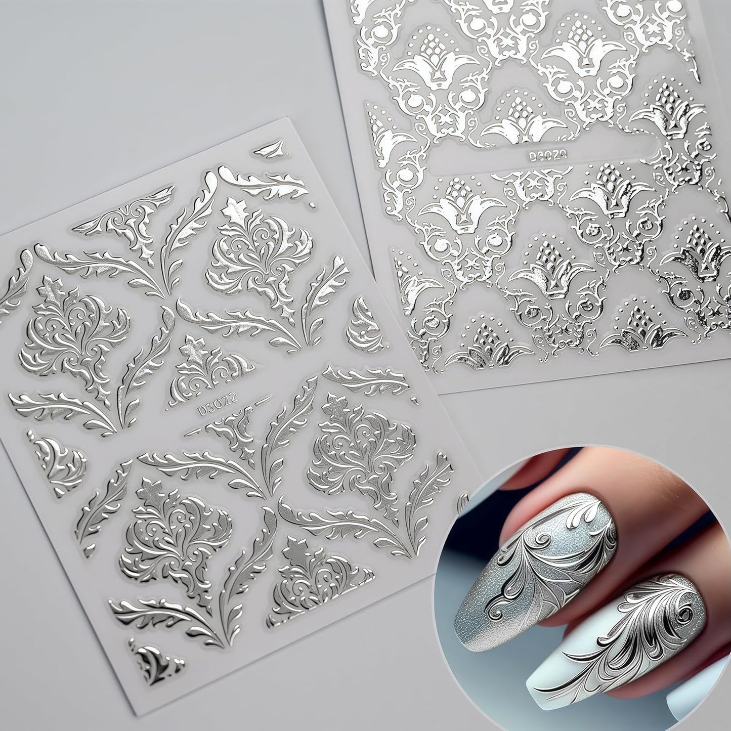 30 Sheet Silver lace Nail Stickers for Flower Nail Art 3D Self-Adhesive Nail Decals Silver Hollow Retro Floral Vine Nail Art Stickers Design lace Flower Nail Supplies for Women Manicure Decorations
