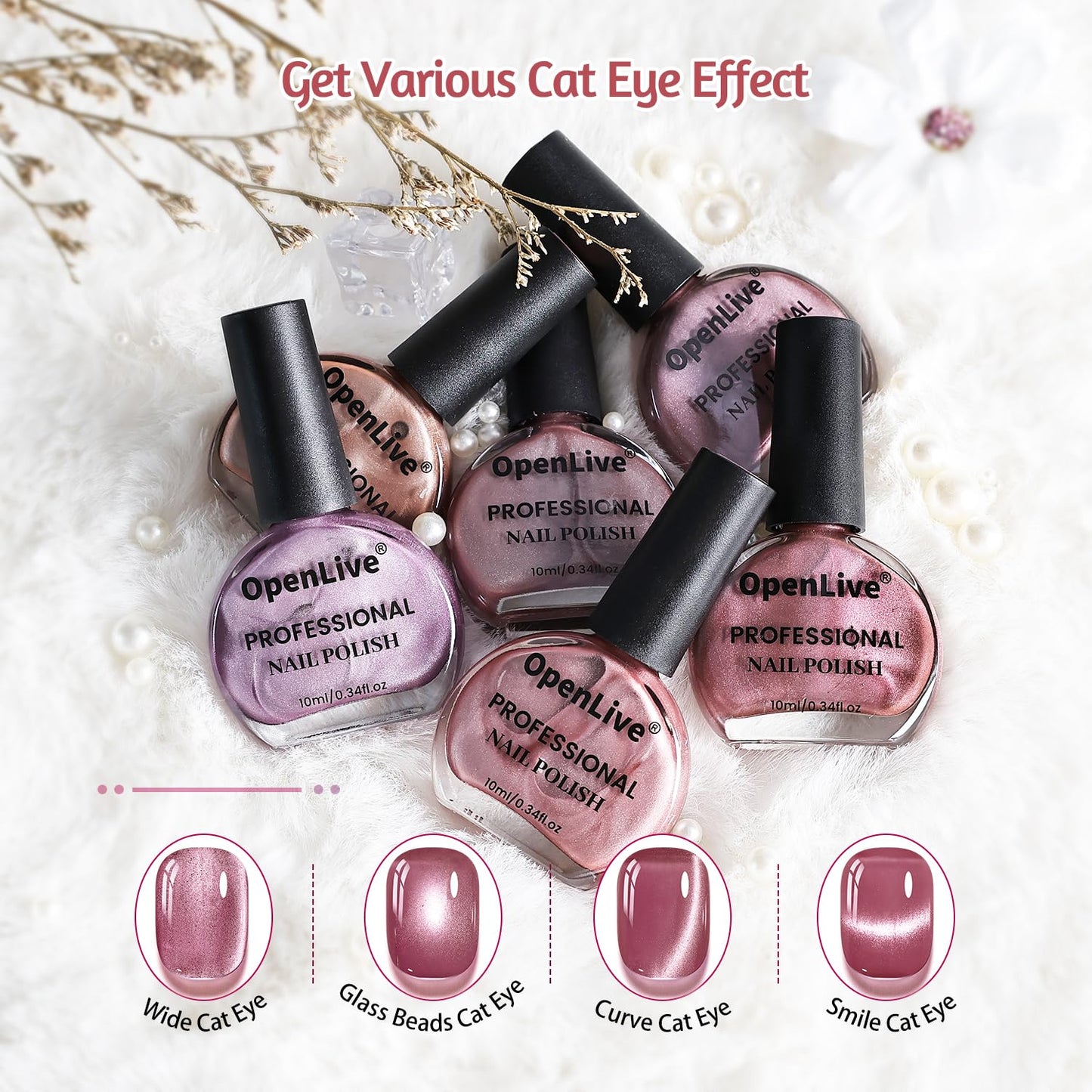 OpenLive 6 Colors 10ml Soft Mist Peach Gold Cat Eye Nail Polish with Magnet Stick Quick Dry Nail Polish for Women Salon DIY Nail Art