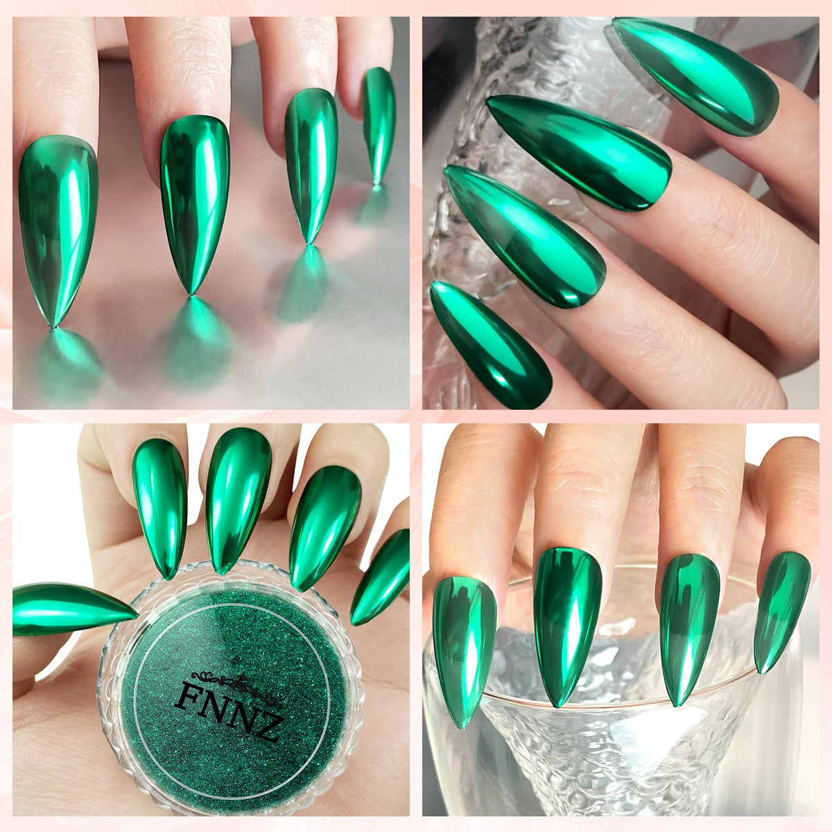 FNNZ Chrome Nail Powder, Emerald Metallic Nail Powder Pigment Premium Mirror Effect Green Nail Art Glitter Dust for Gel Polish Decoration Home DIY Nail Salon Manicure Nail Supplies