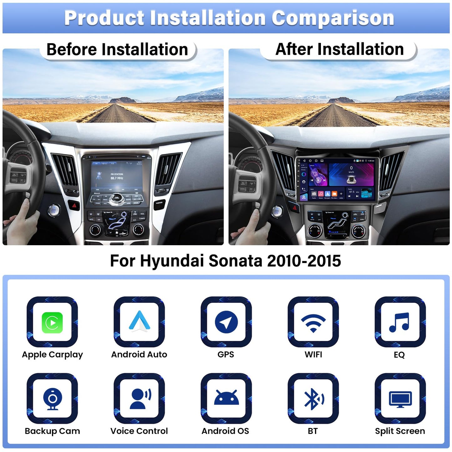 4+64G Android 13 Car Radio for Hyundai Sonata 2010-2015, 9'' HD 1280 * 720 Touchscreen Stereo with Wireless CarPlay Android Auto Mirror Link GPS Navi Bluetooth,WiFi,32EQ,SWC+Camera&Mic