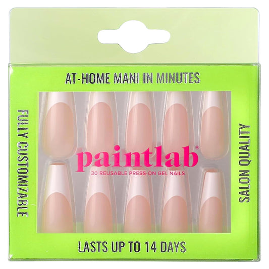 PaintLab Press On Nails - French Tip Classic Coffin Fake Nails, 30 Nails in 15 Sizes with Glue, Reusable Salon Quality Press On Nails