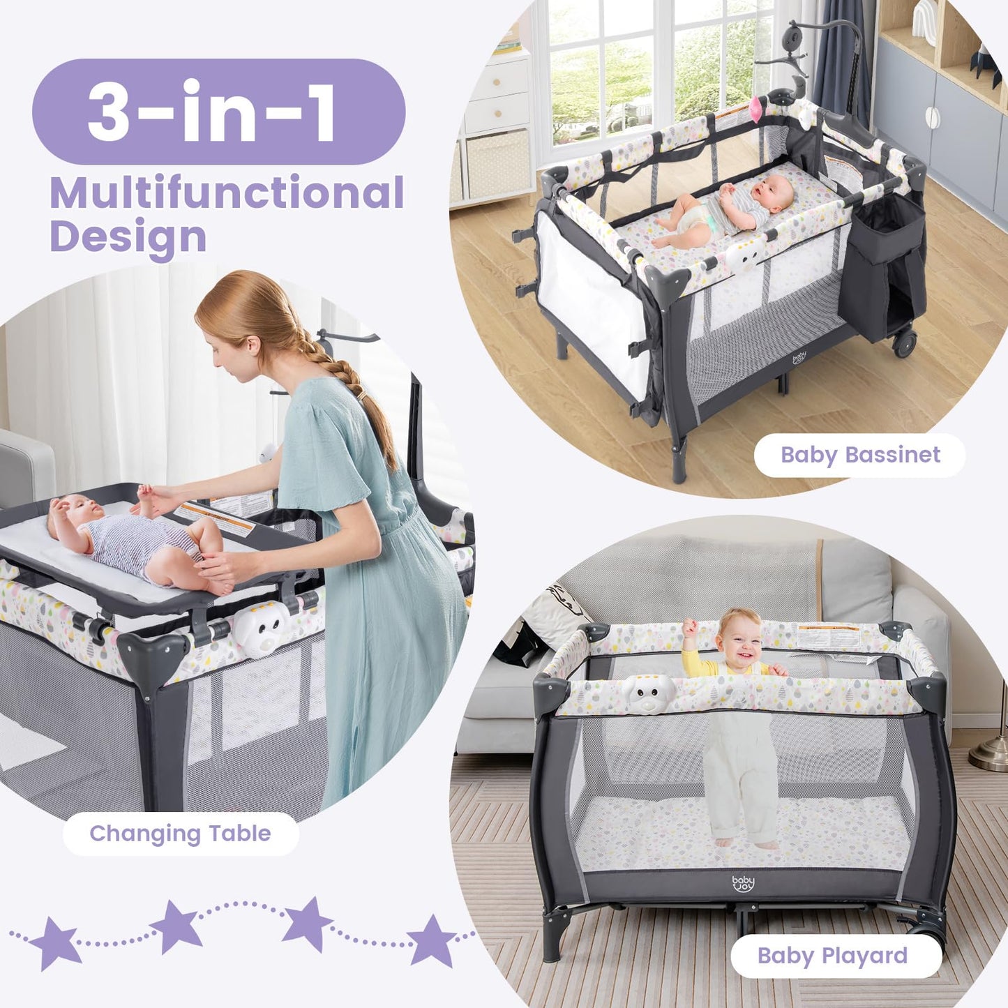 Costzon 3 in 1 Pack and Play with Bassinet, Portable Baby Playard with Changing Table, Music Box, Whirling Toys, Wheels/Brake, Basket, Foldable Infant Bassinet Crib for Baby Toddlers Indoor Outdoor