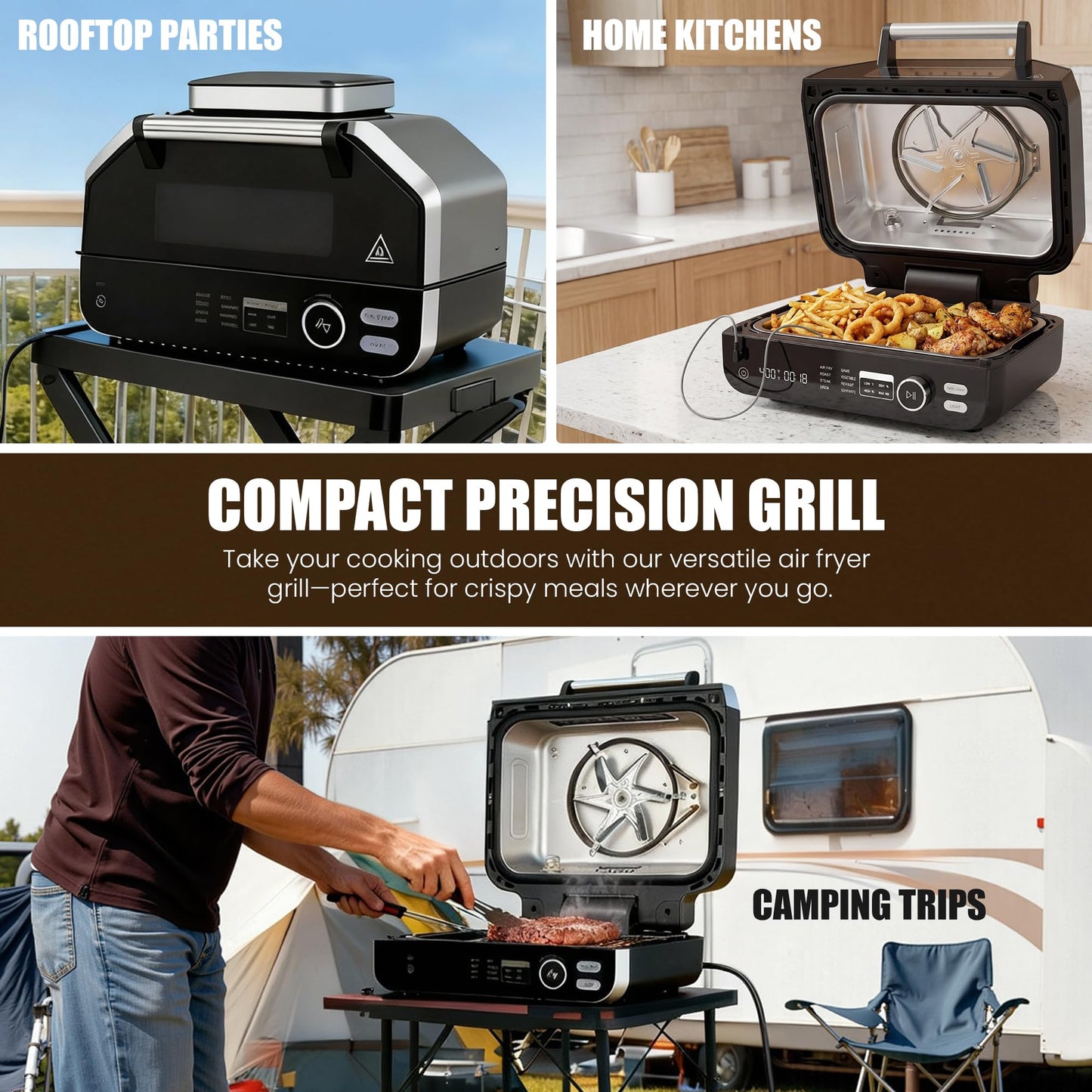 OLIXIS Electric Grill Outdoor/Indoor, 8-in-1 Multifunctional Large Electric BBQ Grill for Air Fry, Bake, Roast, Steak, Broil and Dehydrate, Safe Non-Stick Coating, Fry Basket Included