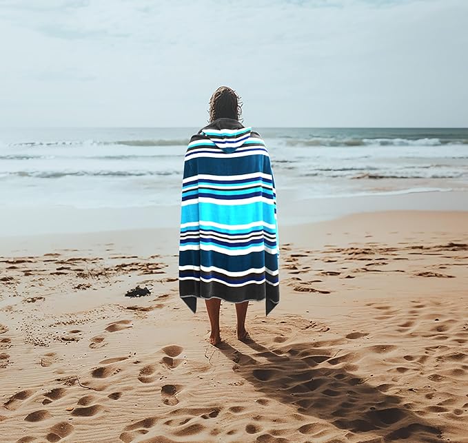 COTTON CRAFT Hooded Beach Towel – Oversized 39 x 68 Towel with Hood for Adults - 100% Ringspun Cotton Velour Terry Towel Stripe Bath Wrap - Super Soft Plush Absorbent Quick Dry – 450 GSM – Cancun Blue