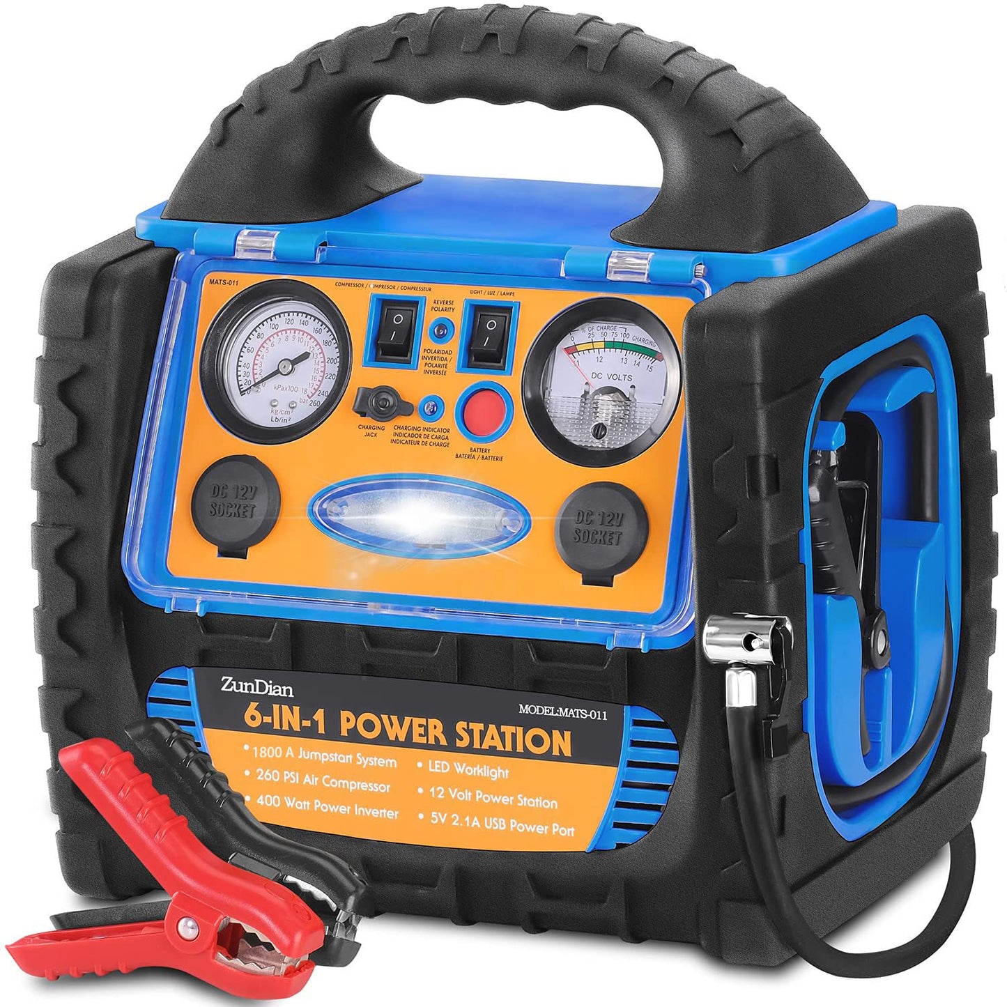 Car Jump Starter with Air Compressor, 1800A Battery Jumper Starter Portable with 260 PSI Tire Inflator, 12V Jump Box Heavy-Duty Clamps Jump Pack 400W Inverter Power with AC/DC/USB Outlets