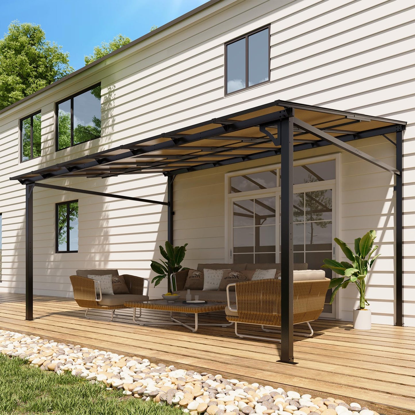 10x14FT Lean to Gazebo, Heavy-Duty Wall-Attached Gazebo with Sturdy Steel Frame, Hardtop Metal Pergola with 6mm Anti-UV Polycarbonate Roof & Pre-Drilled Post Bases, Patio Canopy for Backyard, Deck