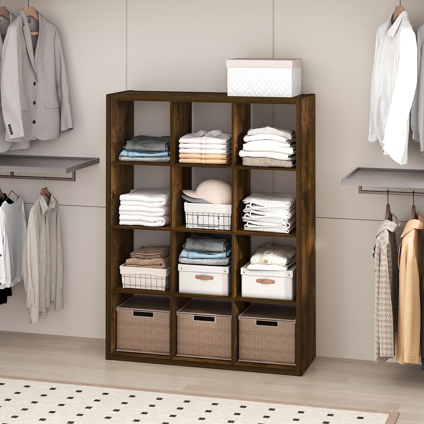 Furinno Cubic Closet Organizers and Storage, 12-Cube Closet Organizer, Open Shelf Closet Storage, Extra Thick Frame for Wardrobe, Bedroom, Living Room, Amber Pine