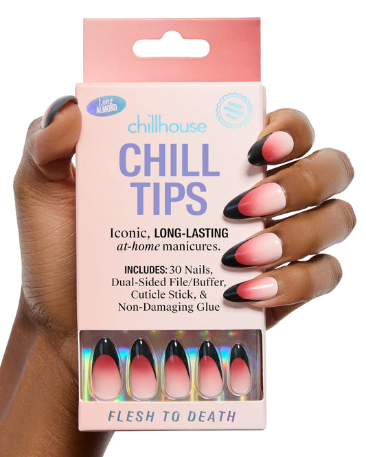 Chillhouse Chill Tips Signatures Press On Nails Kit, Flesh to Death - 30 Nail Shapes & Sizes, Dual-Sided Buffer & File, Cuticle Stick & Glue - Long-Lasting Nail Art Manicures