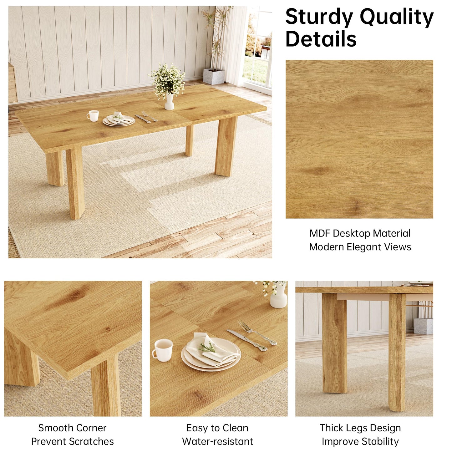 HIPIHOM Extendable Dining Table for 6-8 People, 63 to 78.7 Inch Rectangular MDF Table, Farmhouse Rustic Style, Space-Saving Design for Dining Room, Kitchen, Meeting