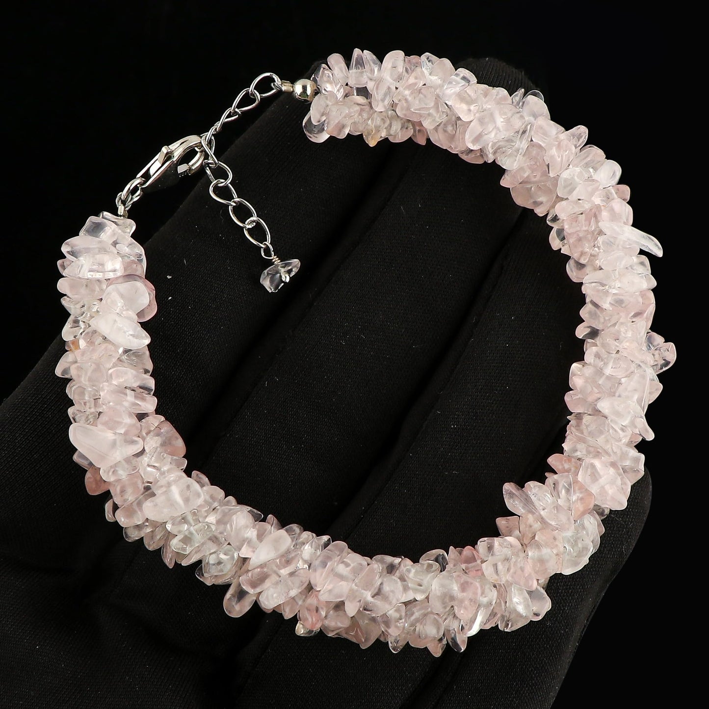 CRYSTALIS Natural Rose Quartz Beads Braided Rope Bracelet, Chips Nuggets Beaded Gemstones, Chakra Healing Stones, Gift Giving Womens Jewelry, 925 Sterling Silver Bracelet 8 inch