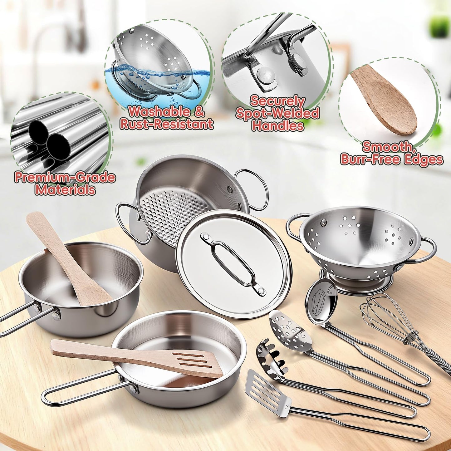 Play Kitchen Accessories, Large Stainless Steel Toddler Cooking Set, Kids Kitchen Playset with Cutting Play Food, Condiments, Chef Apron & Hat, Service Bell, Toy Food with 2 Baskets, Boys Girls Gifts.