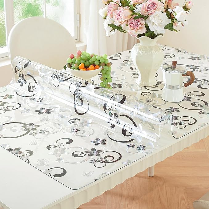 LovePads Floral Clear Table Cover Protector - 30 x 60 Inch Thick Plastic Table Cloth, Waterproof PVC Desk Mat for Dining Room Table, Wood Furniture Topper, Anti-Scratch Desk Pad for Kids Writing,