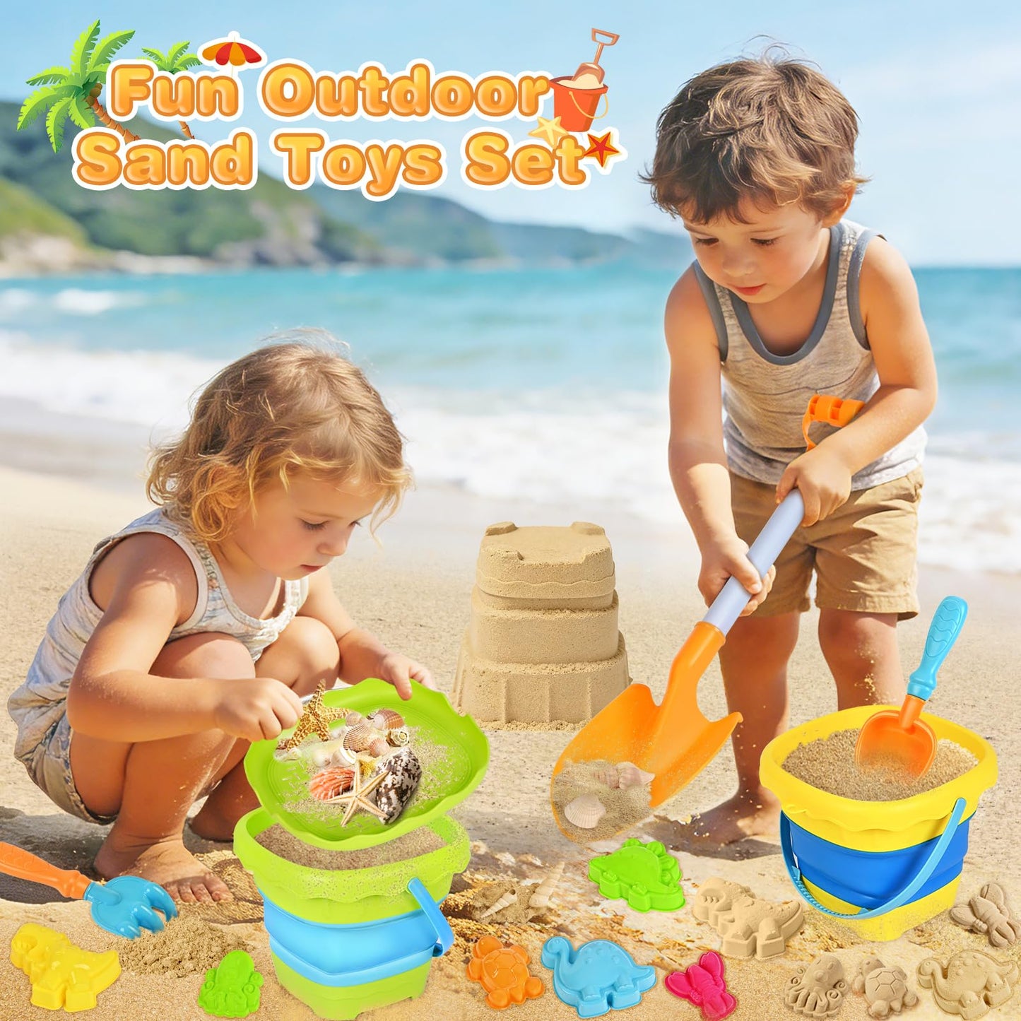 AuroTops Beach Toys for Kids,Collapsible Beach Buckets and Shovels Set with Mesh Bag,Sand Rake Toy,Cute Sand Molds for Kids and Toddlers Outdoor Toys,Summer Travel Beach Game Set