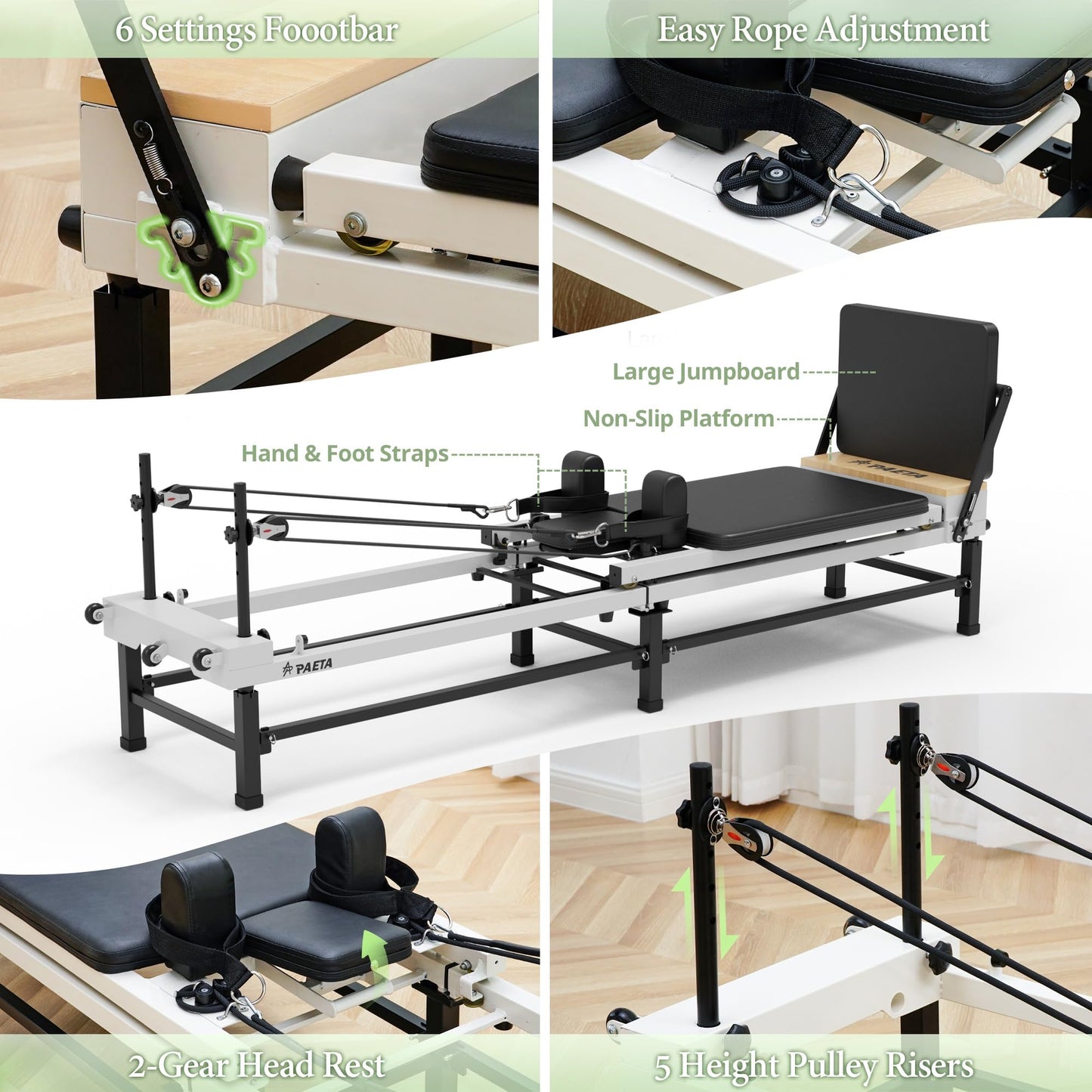 PAETA Pilates Reformer, 91" Foldable Reformer Pilates Machine with Adjustable Reformer Heights, Pilates Equipment with Piano Wire Spings and Jump Boards(Black)