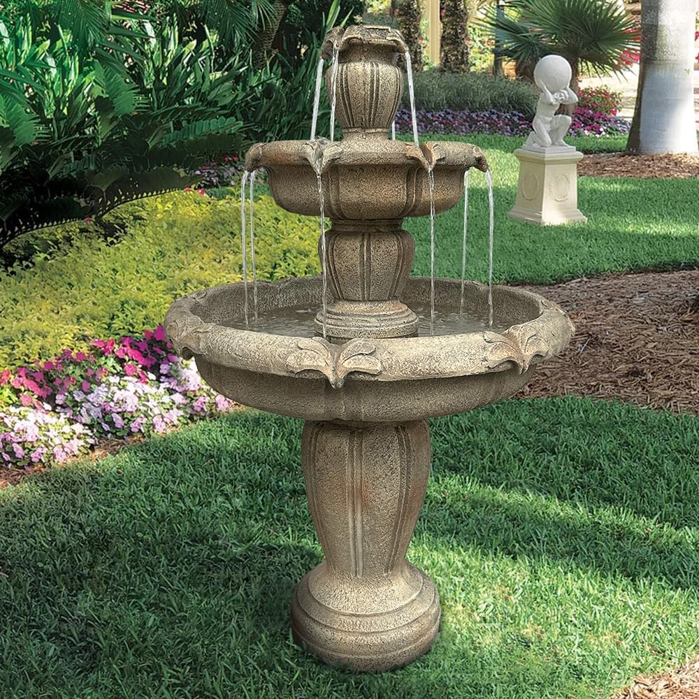 ourrco 48” H Outdoor Floor Water Fountain, 3-Tiers Concrete Water Fountain with Submersible Electric Pump - Garden Cascading Waterfall for Yard Patio Lawn Home Decor