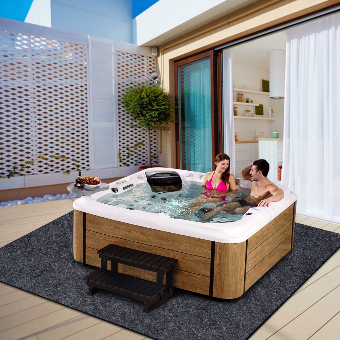 80 * 80 inch Inflatable Hot Tub Mat, Outdoor Indoor, Waterproof Slip-Proof Backing, Absorbent Spa Pool Ground Base Flooring Protector for Hot Tub