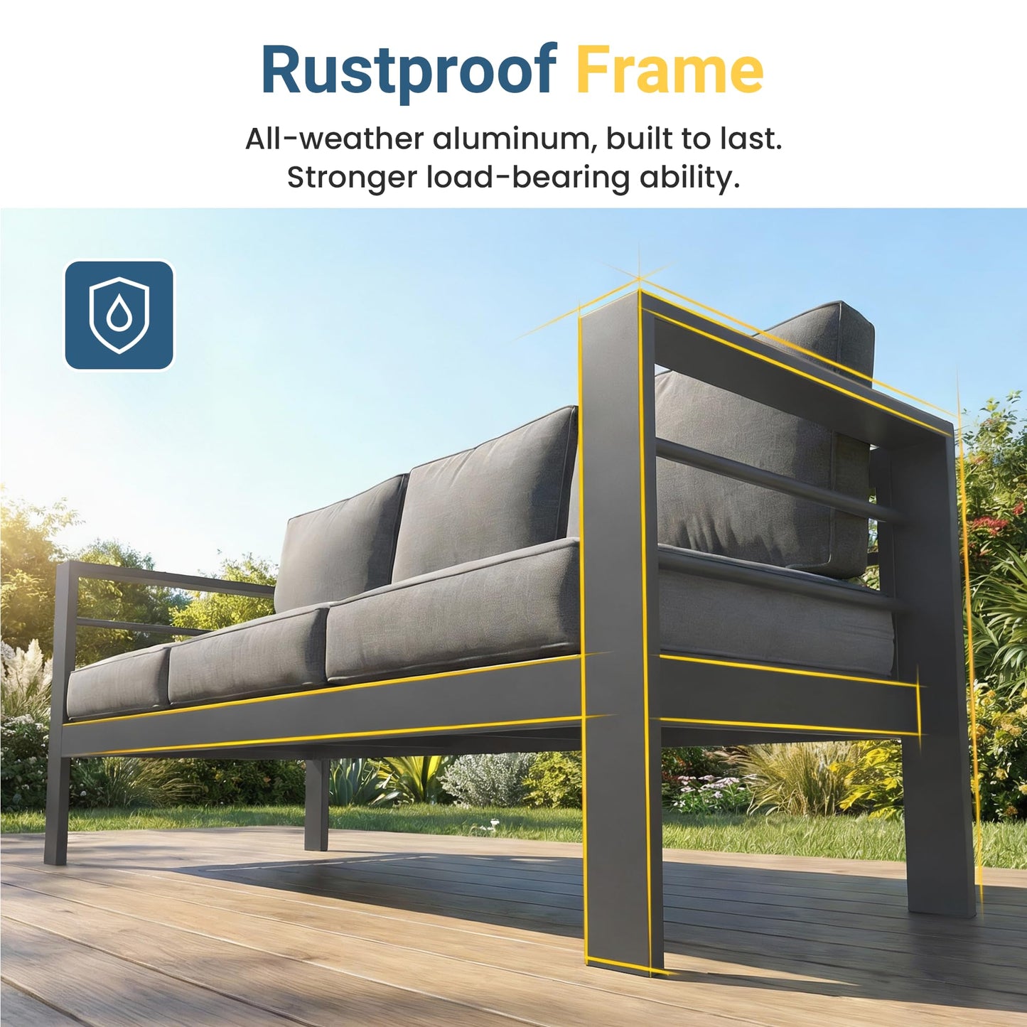 Wisteria Lane Aluminum Outdoor Patio Furniture Set, Oversized Patio Conversation Sets with Deep Seating and Wide Armrest, Outdoor Sectional Metal Sofa with 5 Inch Cushion and Coffee Table, Dark Grey