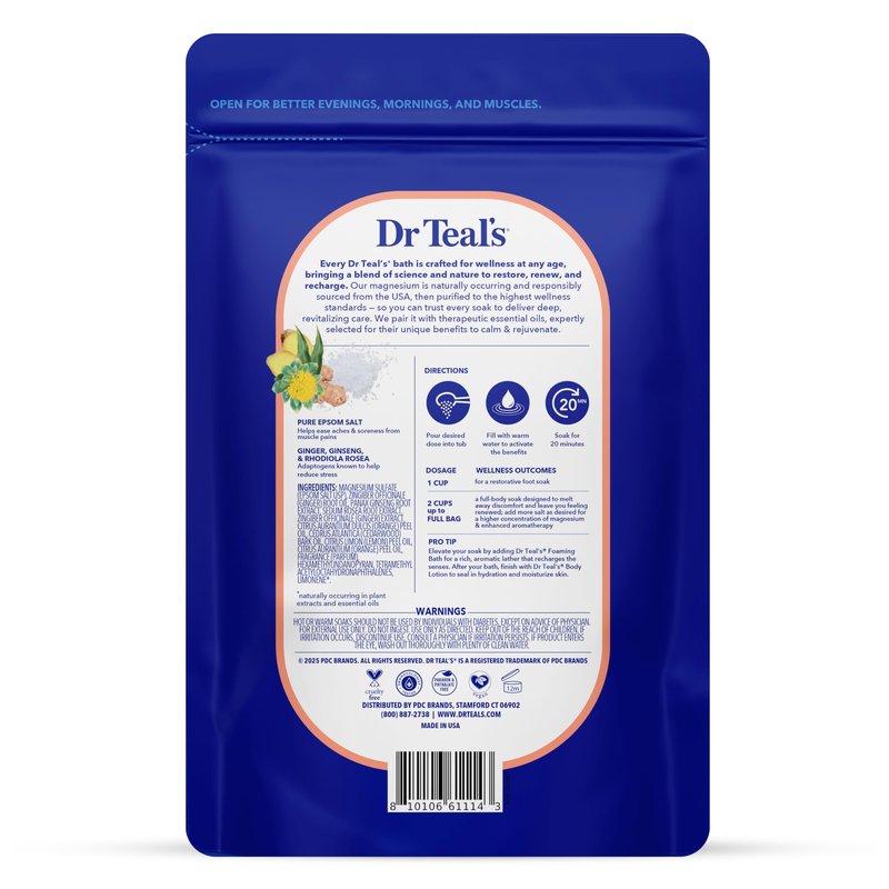 Dr Teal's Epsom Salt Magnesium Soak, Salt Stress Relief with Ginseng & Ginger Essential Oils, 3 lbs (Pack of 4)