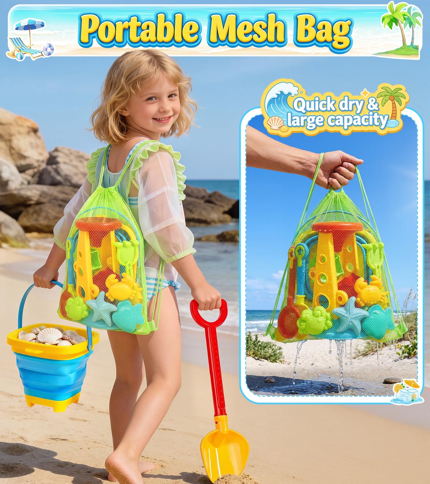 Collapsible Beach Sand Toys for Kids Toddlers, Collapsible Sand Bucket with Water Wheel Sifter Shovels Set with Mesh Bag and Sand Molds, Travel Beach Sandbox Toys for Boys Girls 3 4 5 6 7 8 9 10+