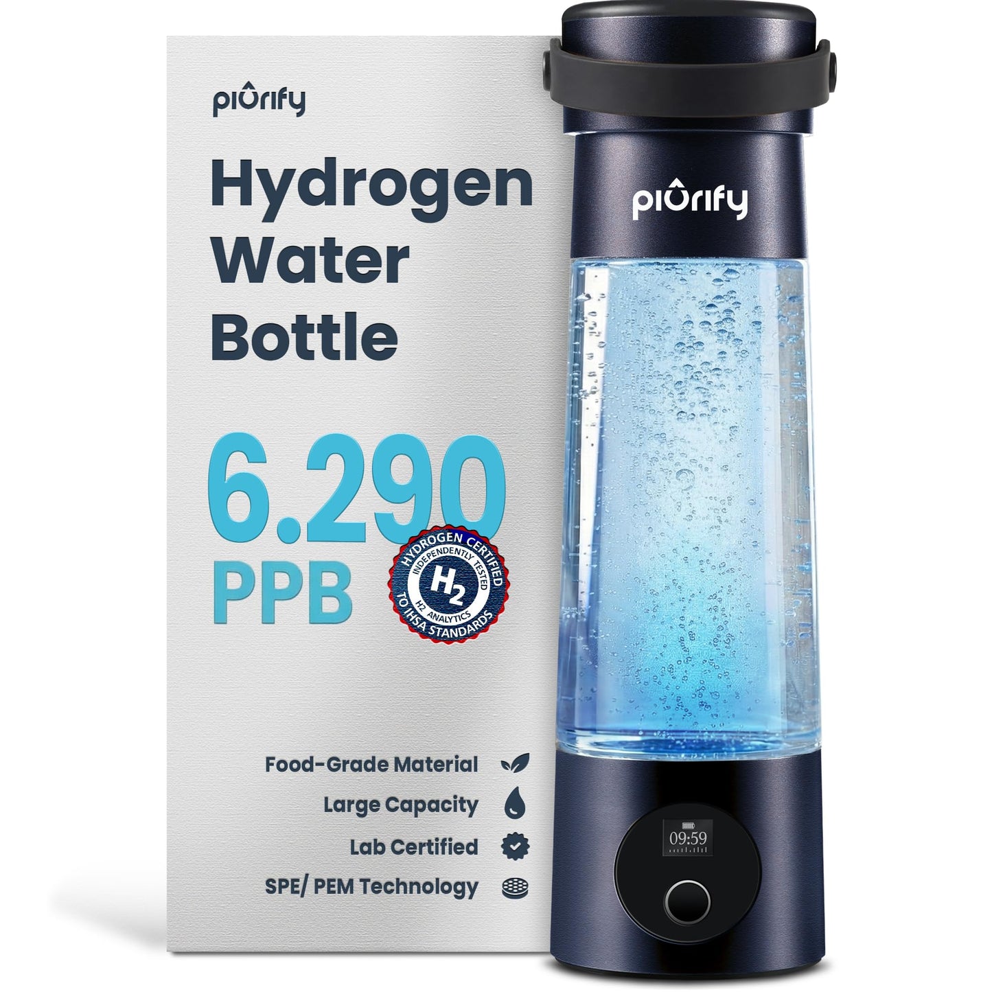 PIURIFY Hydrogen Water Bottle Generator | 17 OZ | UP TO 6,290 PPB H2 Molecular Hydrogen | SPE/PEM Electrolysis | Ergonomic Handle | Dual-Mode | 2200 mAh Battery | Certified by H2 Analytics | Dark Blue