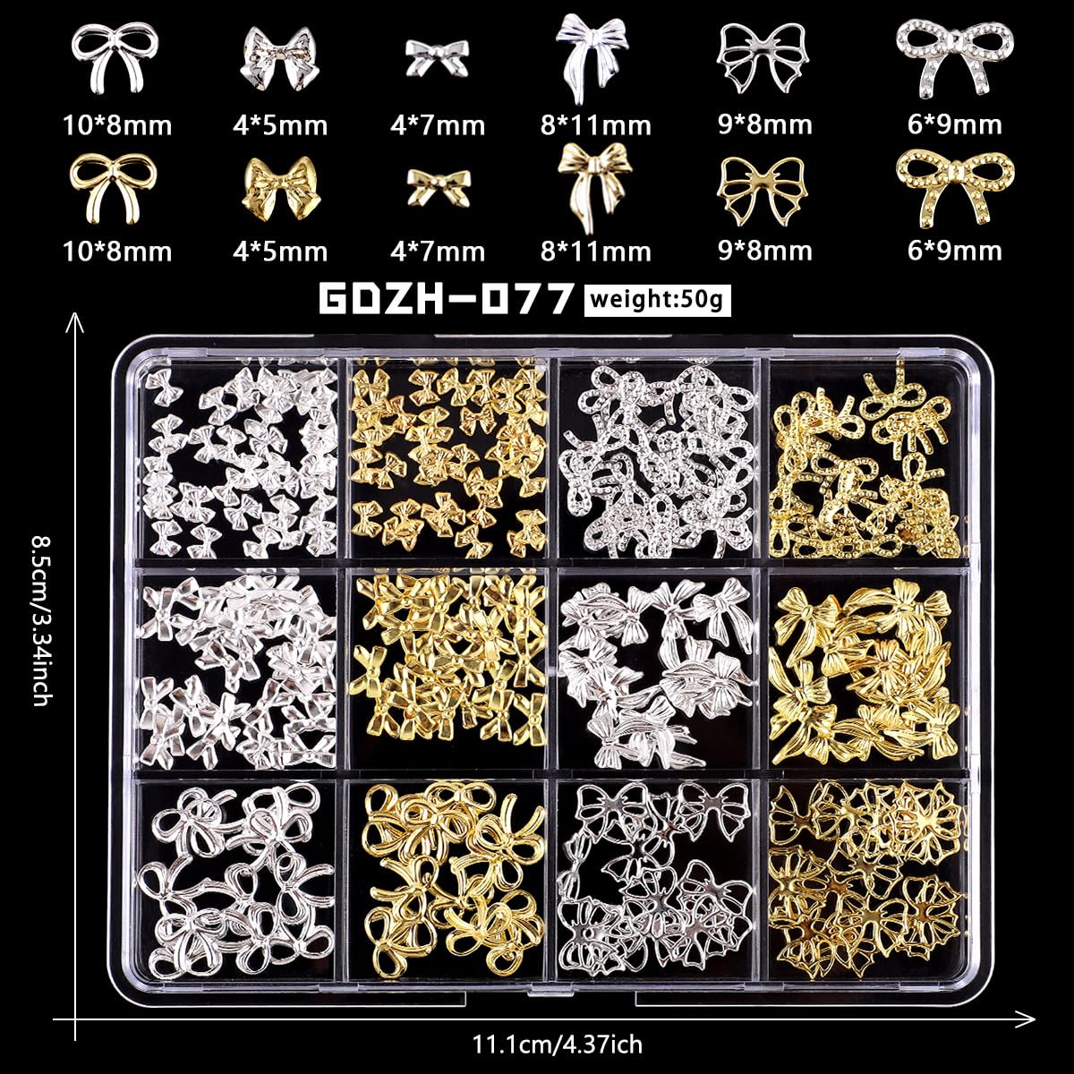 48 Grids Nail Charms Kit with Rhinestones for Nails, 3D Kawaii Bows Flowers Charms for Nails, Metal Star and Moon Bow Nail Art Charms DIY Manicure Art