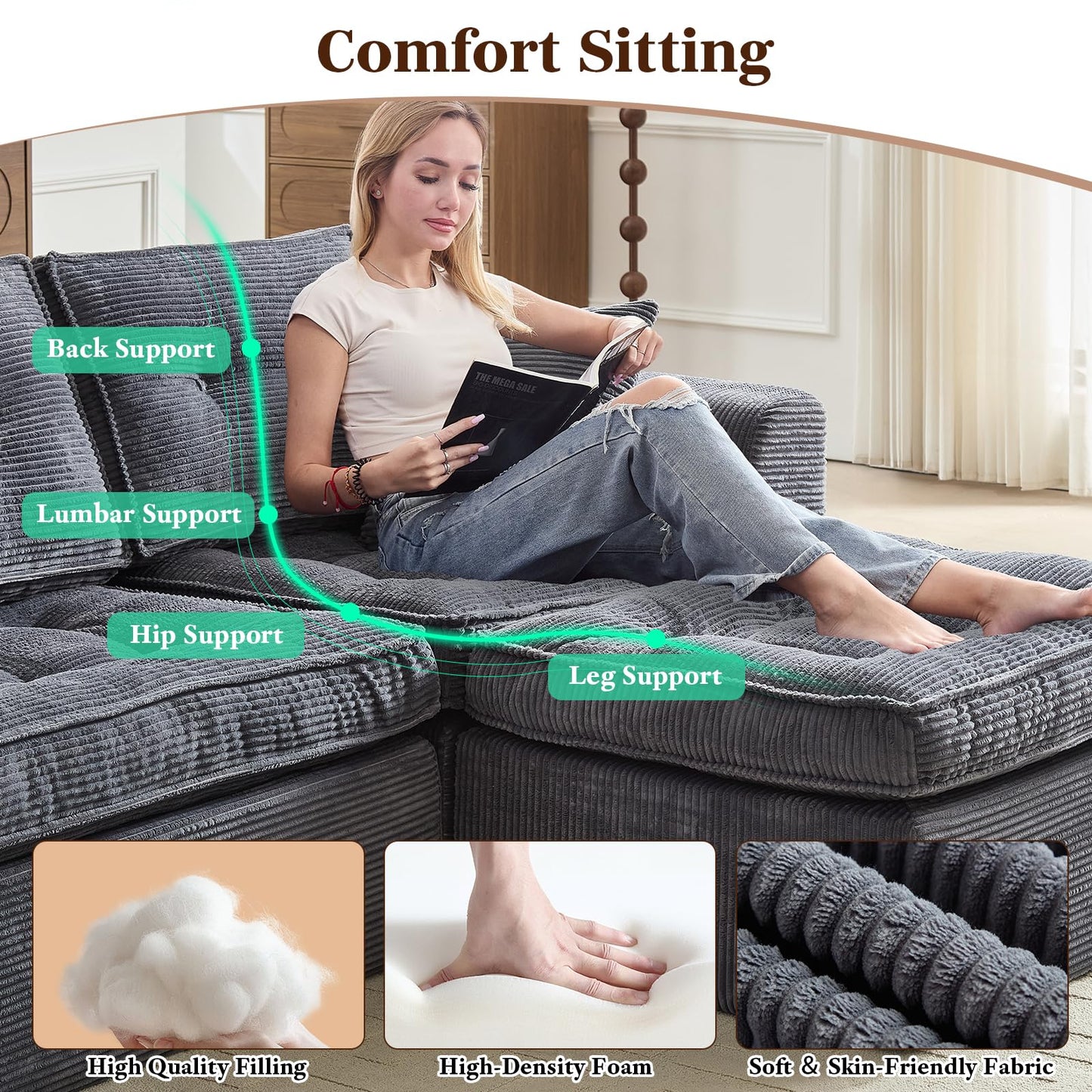 ROXGOX Modular Sectional Sofa, Modern Boneless Couch with L-Shape Chaise, Home Sectional Comfy Sofa Set for Living Room Bedroom and Floor, Plush Corduroy, No Assembly Required (Gray)