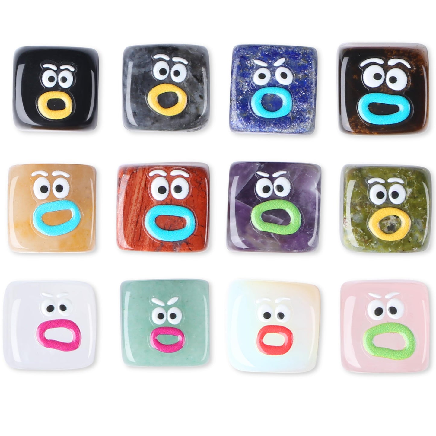 XIANNVXI Funny Emotion Polished Stone Gift 12pcs Cute Emoji Carving Cube Figurine Crystals Rock Present Novel Mothers Day Birthday Graduation Gifts for Women Men Natural Healing Crystals Stones