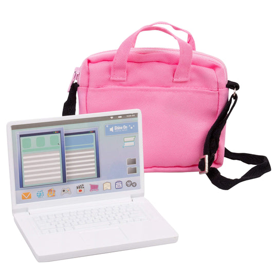 Dress Along Dolly Metal Laptop for 18-Inch Dolls - Premium Heavy-Duty Doll Computer with Pink Carrying Bag - Fits American Girl & Our Generation - Durable Metal School Accessory