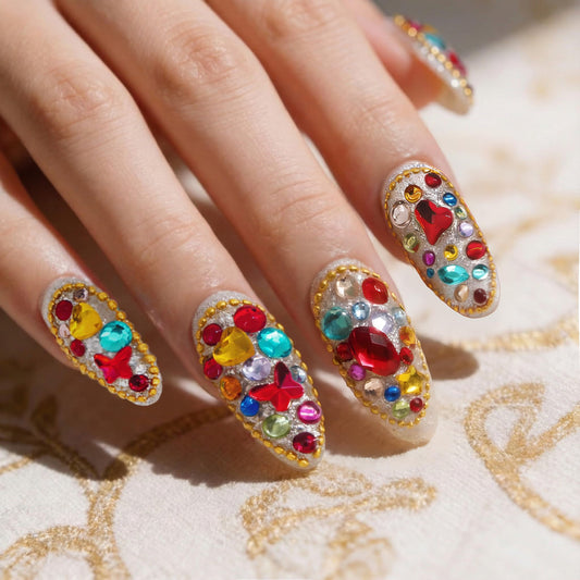 24Pcs Handmade Press on Nails, Bling Rhinestones Medium Length Almond Shape Fake Nails with Colorfull Design,Cute Manicure Kit for Women and Girls