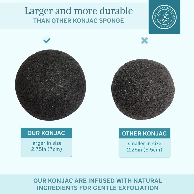 Bare Essentials Living - Konjac Sponges Set (10 Pack) with Activated Bamboo Charcoal Facial Sponge, Natural, Great for Facials, Bath, and Exfoliating Body Sponge
