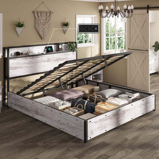 AMERLIFE King Size Lift Up Storage Bed Frame, Wooden Platform Bed Frame with Lifting Storage & Charging Station, No Spring Box Needed/Noise Free, White Birch