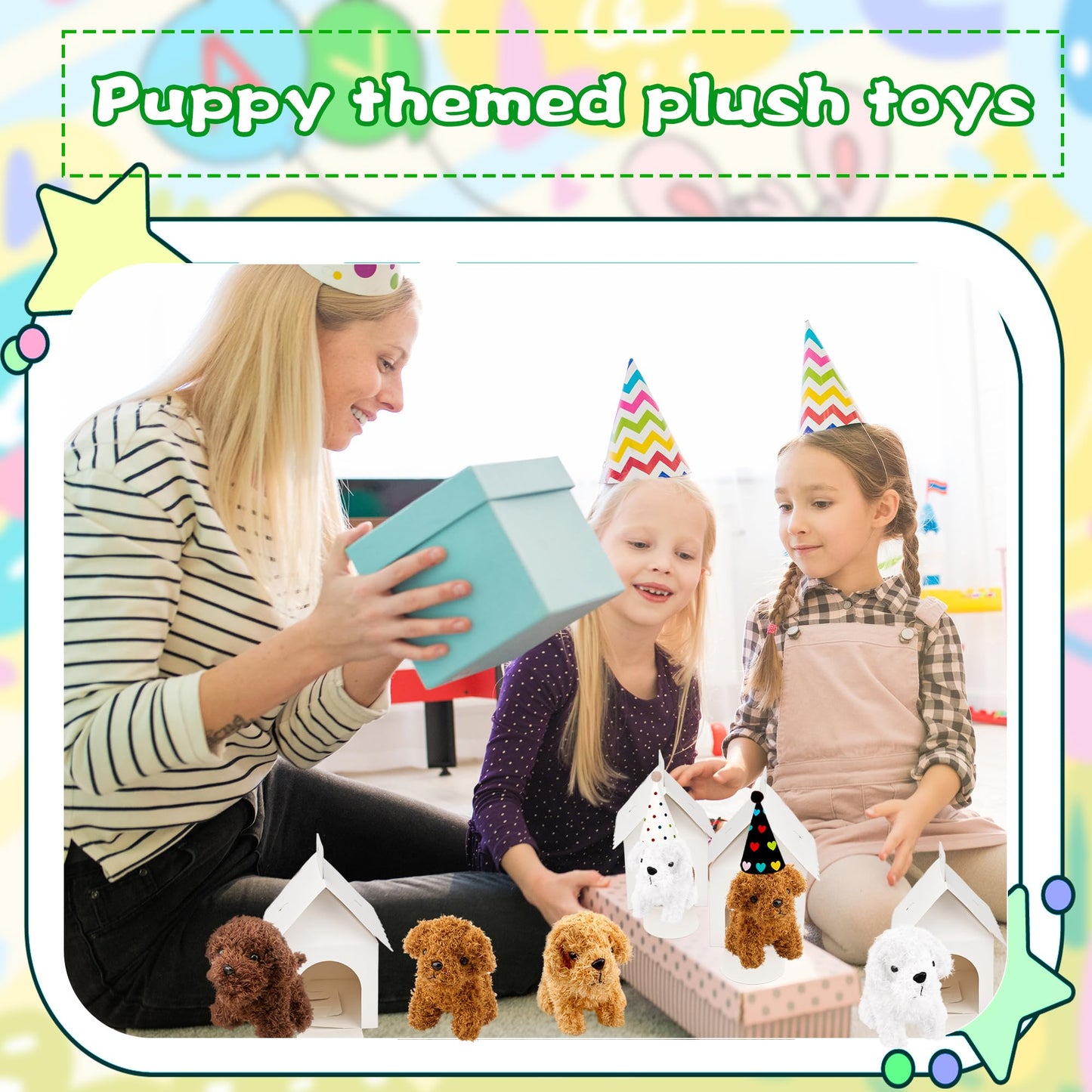 Norcoin 16 Set Mini Plush Dog Set Include Stuffed Puppy Dog House Paper Boxes Hat Stuffed Animal Toy for Adopt a Pet Theme Birthday Party Favor Gifts
