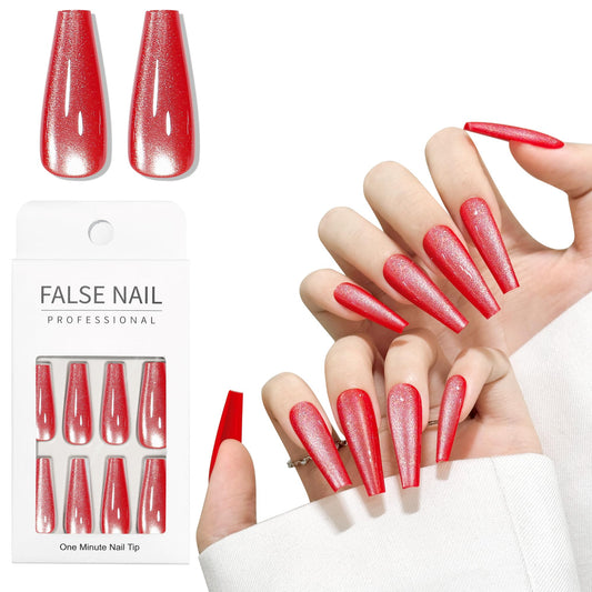 Dark Red Cat Eyes Press On Nails,12 Sizes-24 Pcs Soft Gel Red Long Coffin Fake Nails Kit with Nail Glue, Natural Reusable Stick On False Nails for Women and Girls SK1047