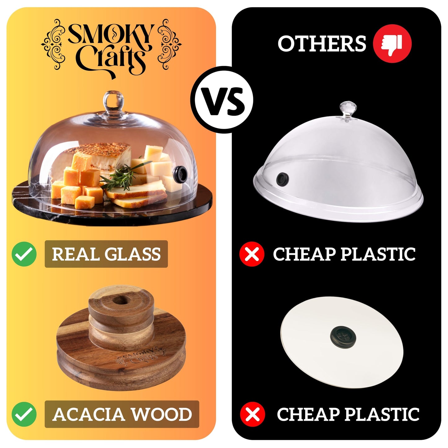 Smoky Crafts Food and Drink Smoker Kit with Smoke Gun, 8" Smoking Cloche Glass Dome, Acacia Cocktail Smoke Top and Wood Chips (Apple & Cherry) - Whiskey Smoker Kit - Gifts for Men