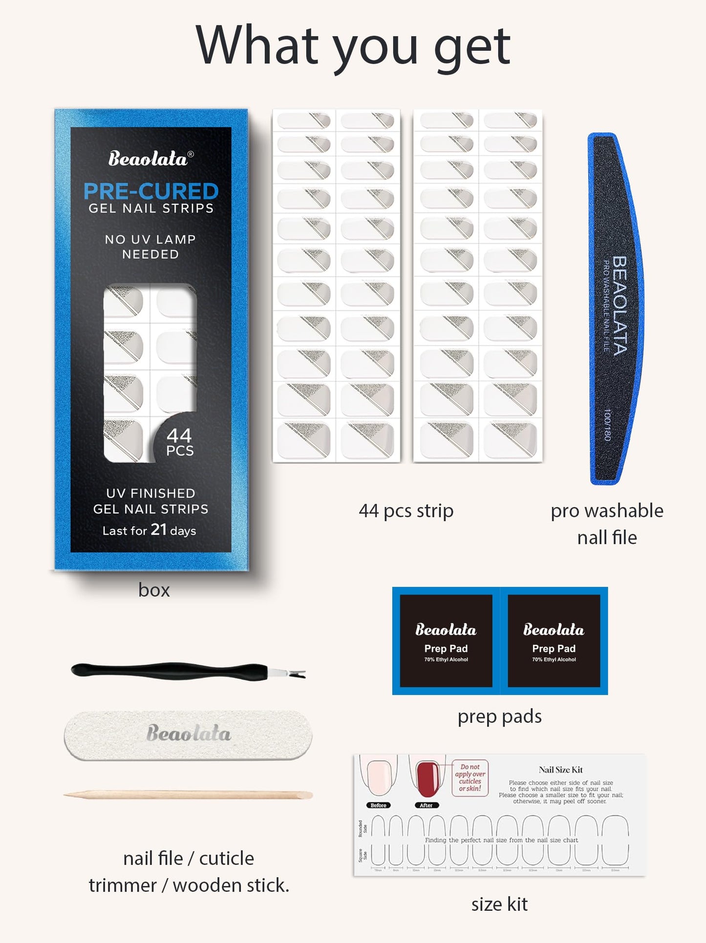 Beaolata Real Gel Nail Strips (No UV Light Needed) - 44Pcs Salon Quality Nail Stickers - Long Lasting Polish Wraps for Women, Easy Apply & Remove (Parisian Sparkle White)