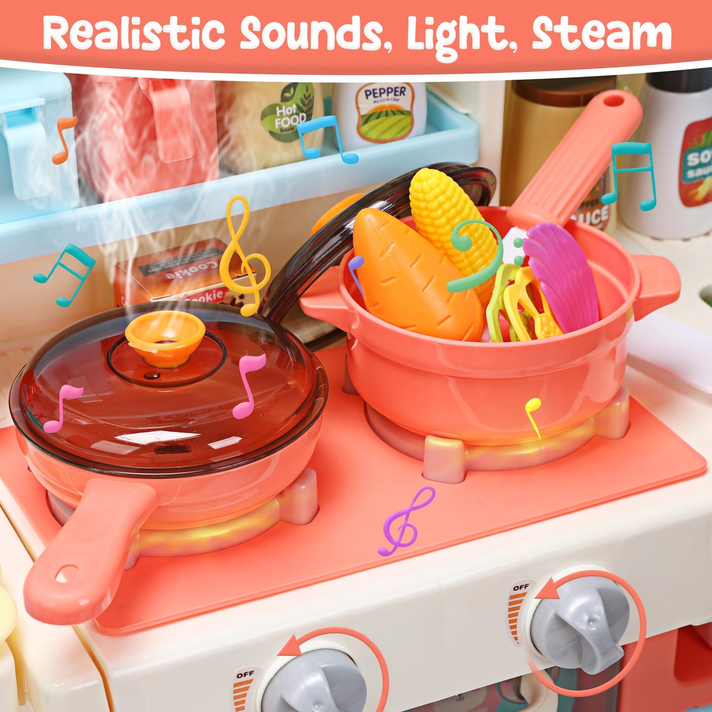 HOLYFUN Kids Kitchen Playset, Kitchen Set for Toddler with Sound and Light, Cooking Stove with Steam, Play Sink and Toy Kitchen Accessories, Pretend Kitchen Toys for Kids Girls Boys, Pink