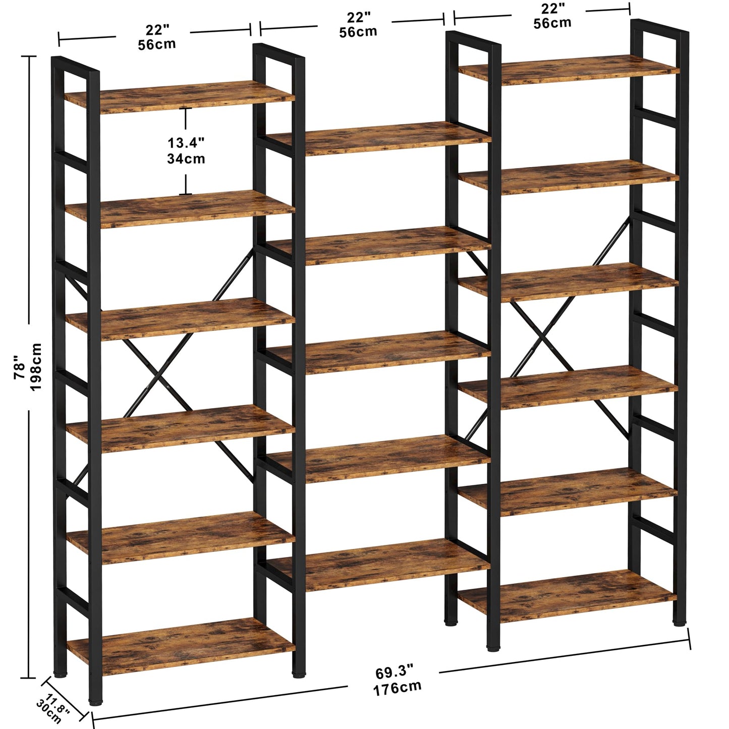 IRONCK Bookshelves 6 Tiers Triple Wide Industrial Bookshelf, Large Etagere Bookshelf Open Display Shelves with Metal Frame for Living Room Bedroom Home Office