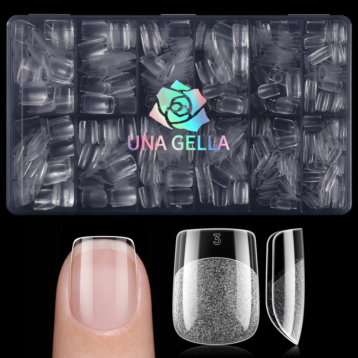 UNA GELLA Extra Short Square Nail Tips, 600pcs Pre Etched XS Short Square Gel Nail Tips, Soft Gel Clear Fake Nails Full Cover for DIY Nails Salon At Home 12 Sizes