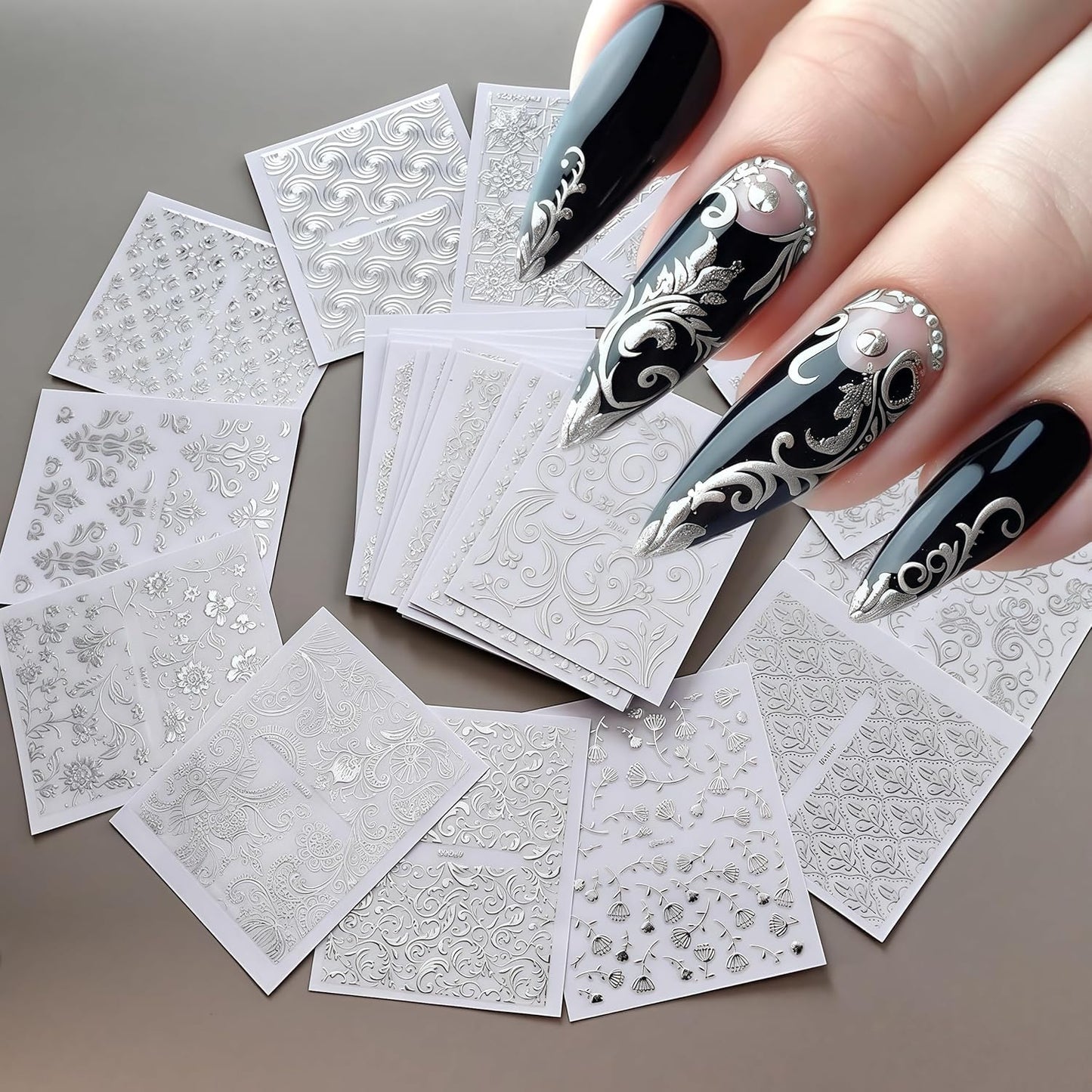 30 Sheet Silver lace Nail Stickers for Flower Nail Art 3D Self-Adhesive Nail Decals Silver Hollow Retro Floral Vine Nail Art Stickers Design lace Flower Nail Supplies for Women Manicure Decorations