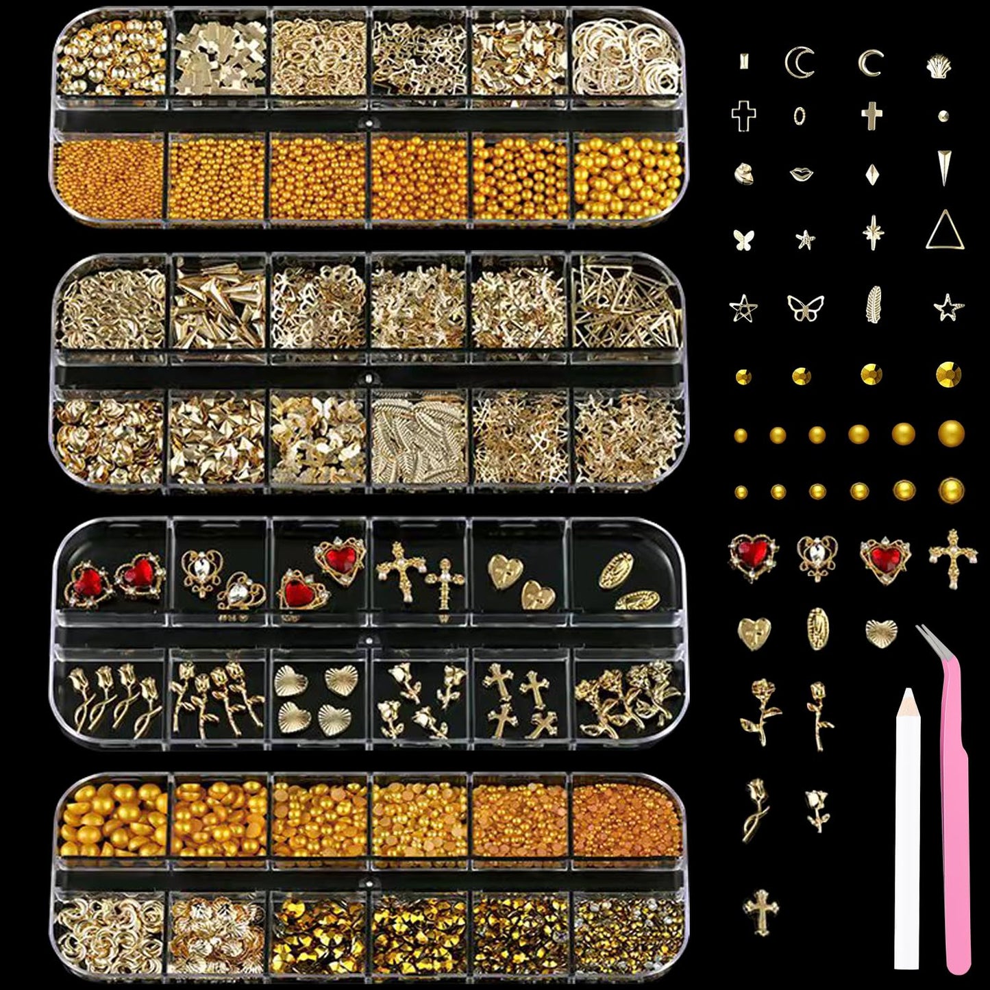 8 Boxes Nail Charms Set- 3D Gold Nail Charms with Gold Nail Gems and Nail Rhinestoness, Nail Pearls Caviar Beads for Nail Design, Gold Charms for Nails, Include Tweezer & Wax Pencil Nail Art Tools kit