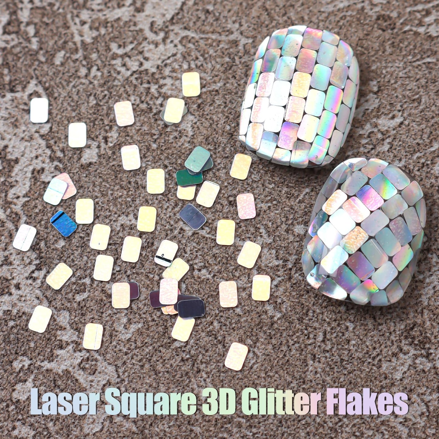 Laser Square Nail Glitter Flakes, Holographic Silver 3D Nail Sequins Rectangle Shape Sparkly Paillettes Acrylic Nail Charms Supplies for Women Girls Manicure Decorations