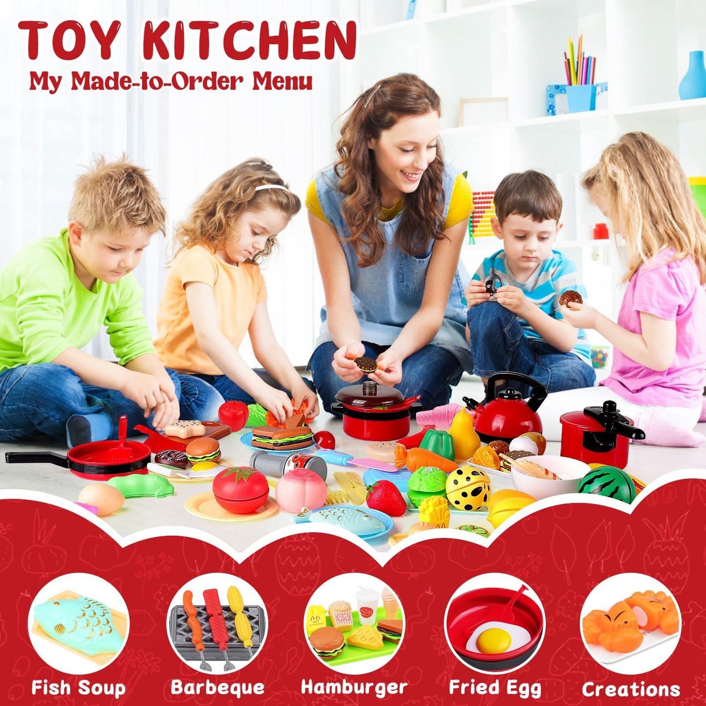 FunMission 134 Pcs Toy Kitchen Accessories, Toddler Pretend Cooking Toys with BBQ Grill, Pressure Cooker, Kettle, Pots, Pans, Kitchen Playset for Cutting Play Food, Learning Gift for Girls Boys