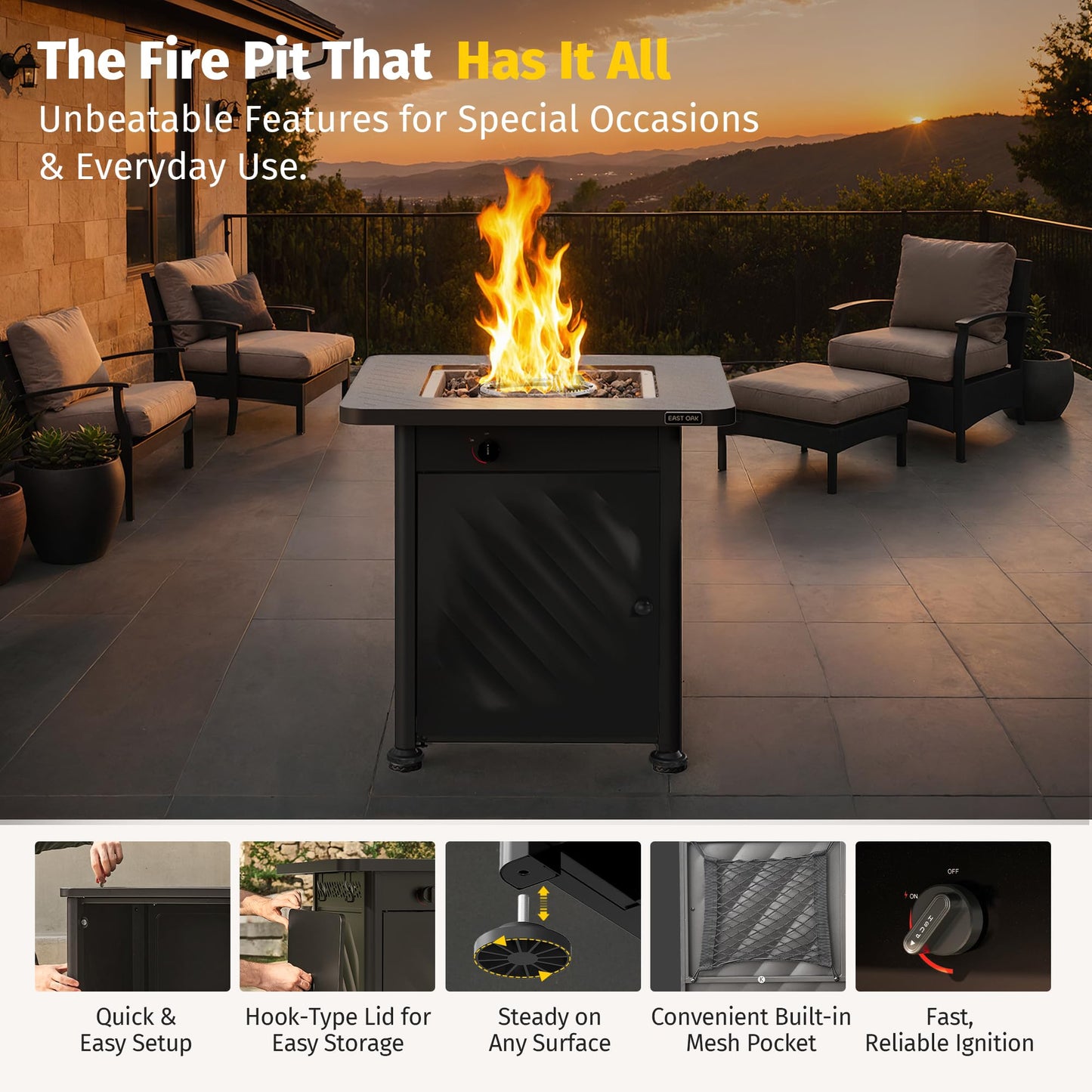 East Oak 28” Outdoor Propane Fire Pit Table | 52,000 BTU Gas Fire Pit for Outside with Easy-Hook Lid, Mesh Pocket & Lava Rocks | CSA Certified | Ideal for Patio, Garden & Backyard | Black